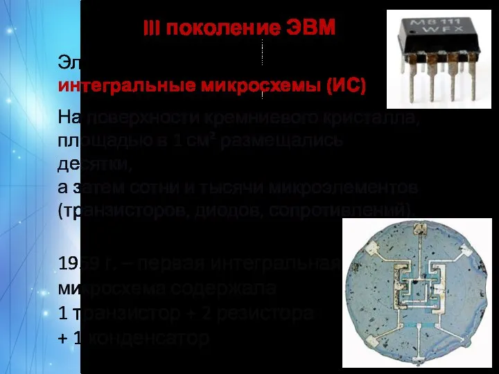 III поколение ЭВМ Элементная база – интегральные микросхемы (ИС) На поверхности