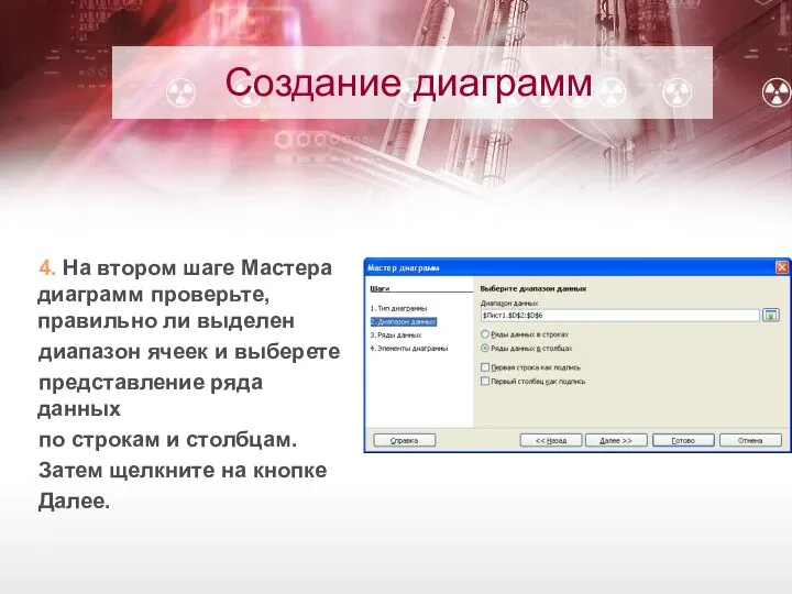 Создание диаграмм 4. На втором шаге Мастера диаграмм проверьте, правильно ли