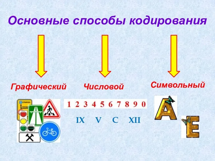 Основные способы кодирования Графический Числовой IX V C XII Cимвольный