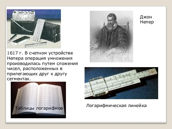 1617 г. В счетном устройстве Непера операция умножения производилась путем сложения