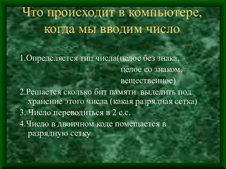 1.Определяется тип числа(целое без знака, целое со знаком, вещественное) 2.Решается сколько