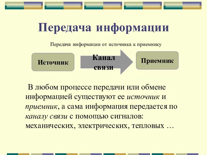 Передача информации В любом процессе передачи или обмене информацией существуют ее