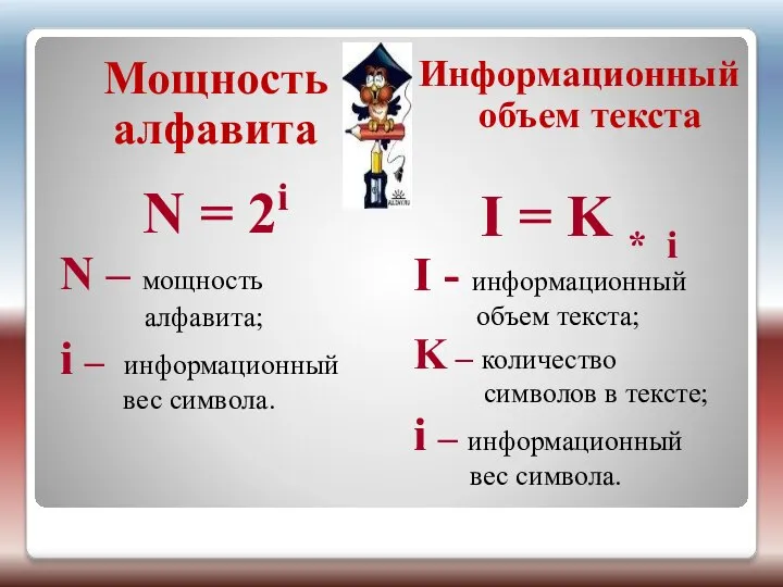 Мощность алфавита N = 2i N – мощность алфавита; i –