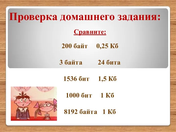 Проверка домашнего задания: Сравните: 200 байт 0,25 Кб 3 байта 24