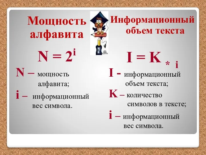 Мощность алфавита N = 2i N – мощность алфавита; i –