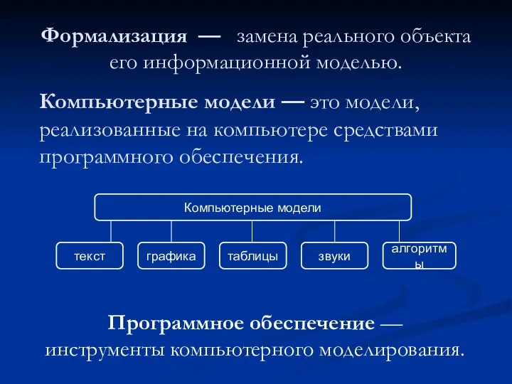 Формализация — замена реального объекта его информационной моделью. Компьютерные модели —