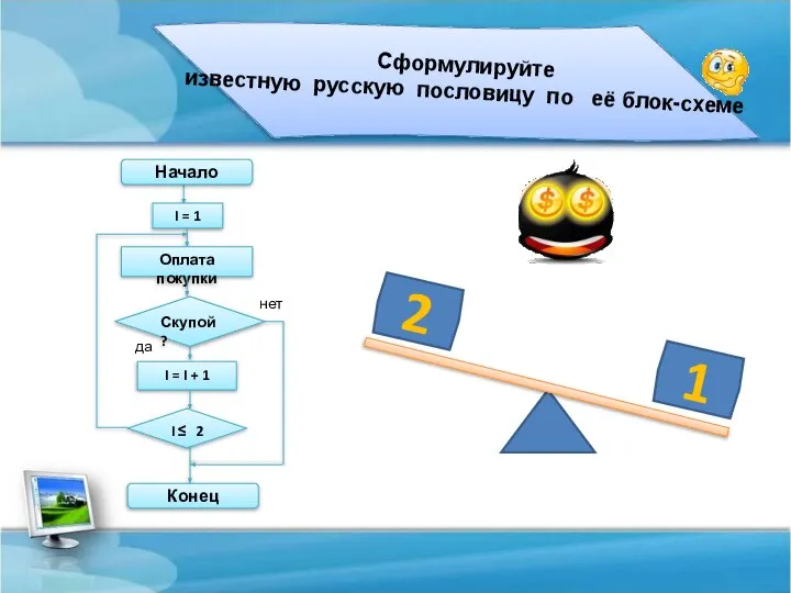 Сформулируйте известную русскую пословицу по её блок-схеме I = 1 Оплата