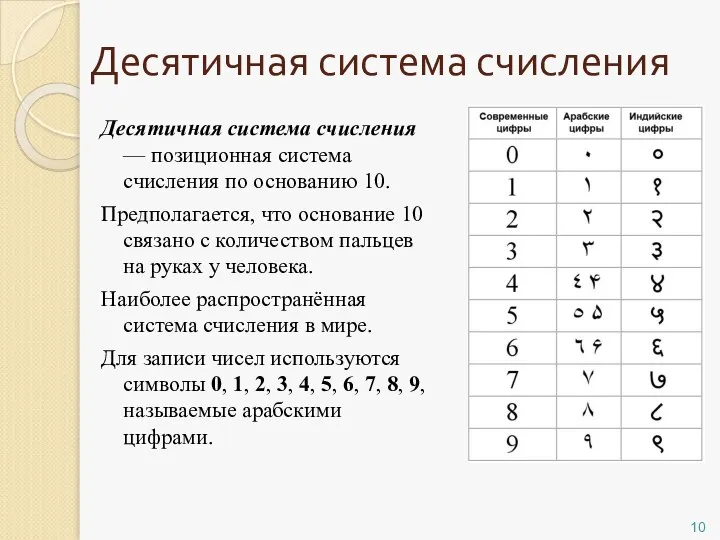 Десятичная система счисления Десятичная система счисления — позиционная система счисления по