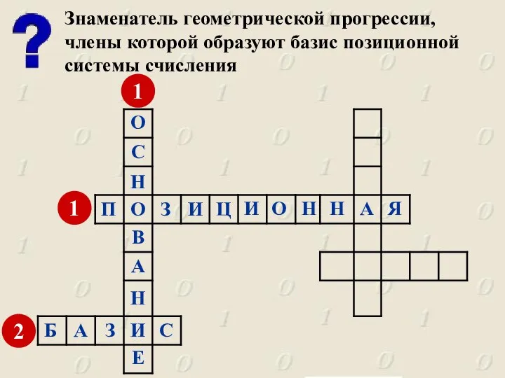 Знаменатель геометрической прогрессии, члены которой образуют базис позиционной системы счисления 1