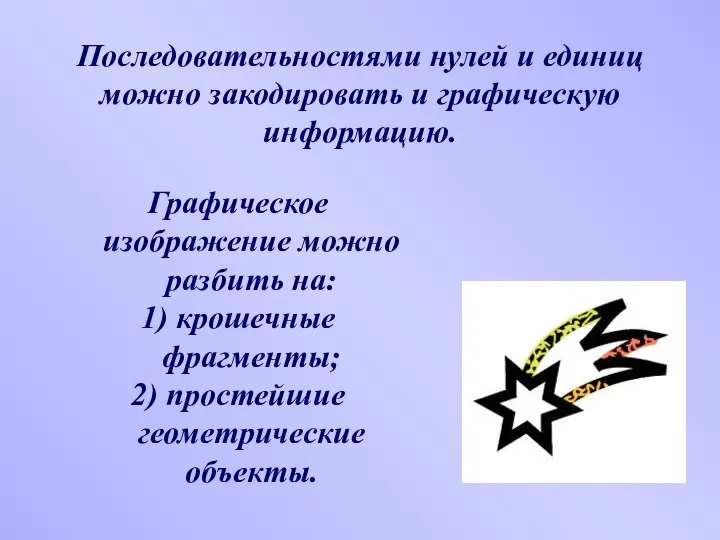 Последовательностями нулей и единиц можно закодировать и графическую информацию. Графическое изображение