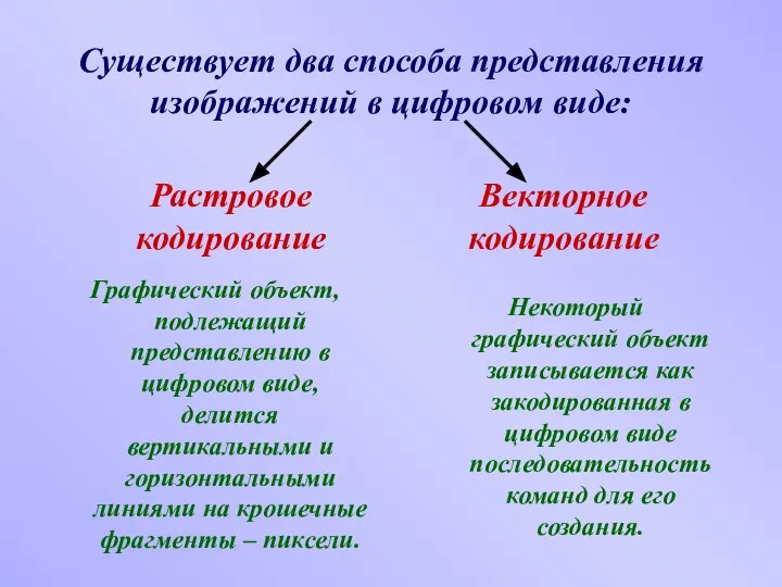 Существует два способа представления изображений в цифровом виде: Растровое кодирование Векторное