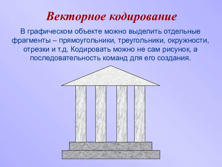 Векторное кодирование В графическом объекте можно выделить отдельные фрагменты – прямоугольники,