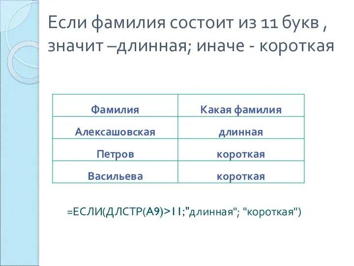 Если фамилия состоит из 11 букв , значит –длинная; иначе - короткая =ЕСЛИ(ДЛСТР(A9)>11;"длинная"; "короткая")