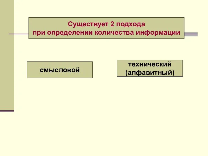 Существует 2 подхода при определении количества информации смысловой технический (алфавитный)