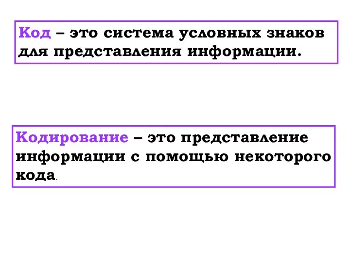 Код – это система условных знаков для представления информации. Кодирование –