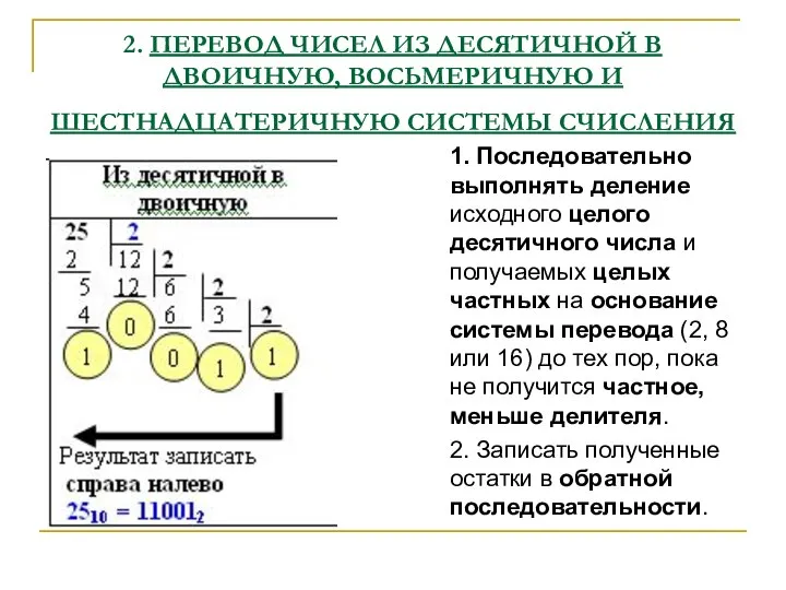 2. ПЕРЕВОД ЧИСЕЛ ИЗ ДЕСЯТИЧНОЙ В ДВОИЧНУЮ, ВОСЬМЕРИЧНУЮ И ШЕСТНАДЦАТЕРИЧНУЮ СИСТЕМЫ