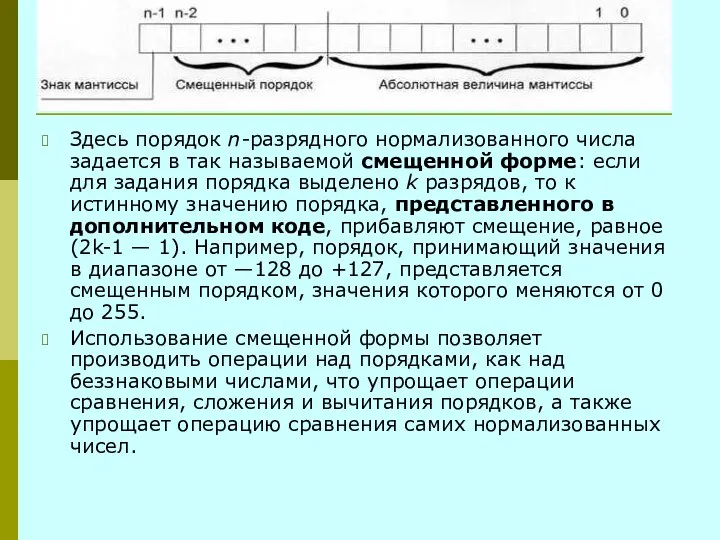 Здесь порядок n-разрядного нормализованного числа задается в так называемой смещенной форме: