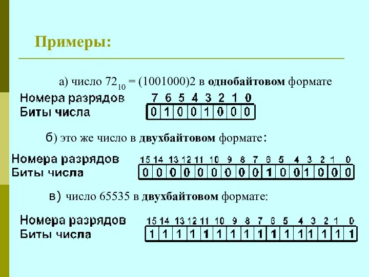 Примеры: а) число 7210 = (1001000)2 в однобайтовом формате б) это