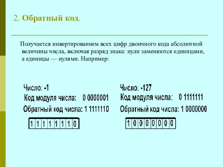 2. Обратный код. Получается инвертированием всех цифр двоичного кода абсолютной величины