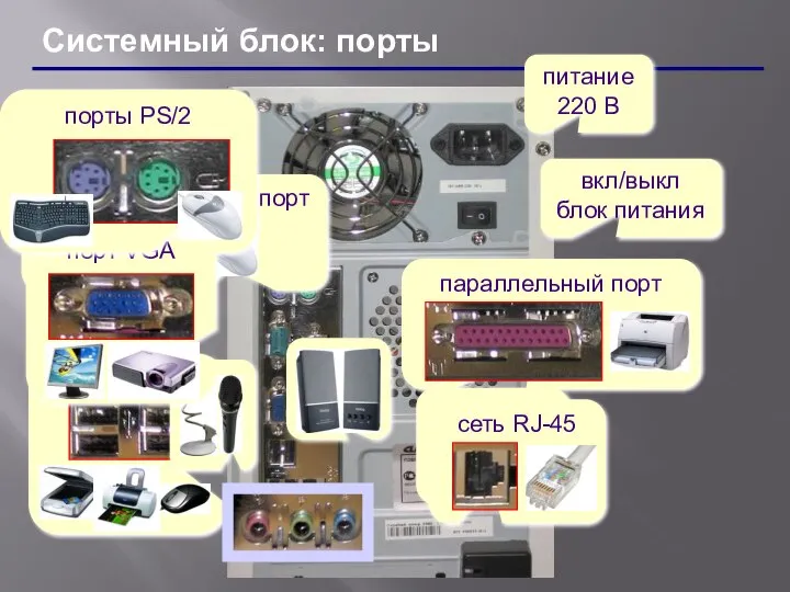 Системный блок: порты вкл/выкл блок питания питание 220 В