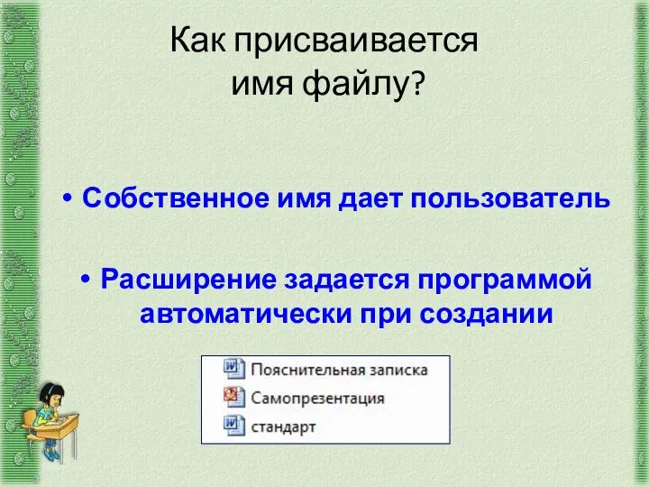 Как присваивается имя файлу? Собственное имя дает пользователь Расширение задается программой автоматически при создании