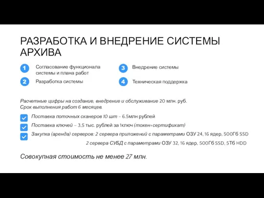 РАЗРАБОТКА И ВНЕДРЕНИЕ СИСТЕМЫ АРХИВА Расчетные цифры на создание, внедрение и