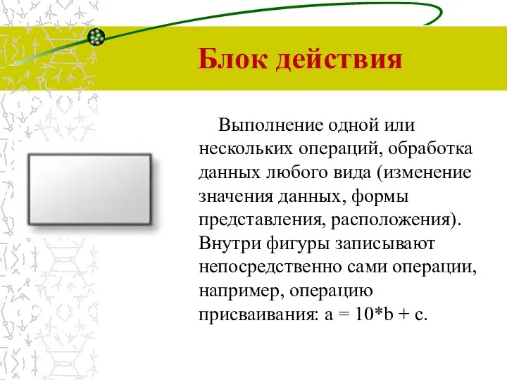 Блок действия Выполнение одной или нескольких операций, обработка данных любого вида