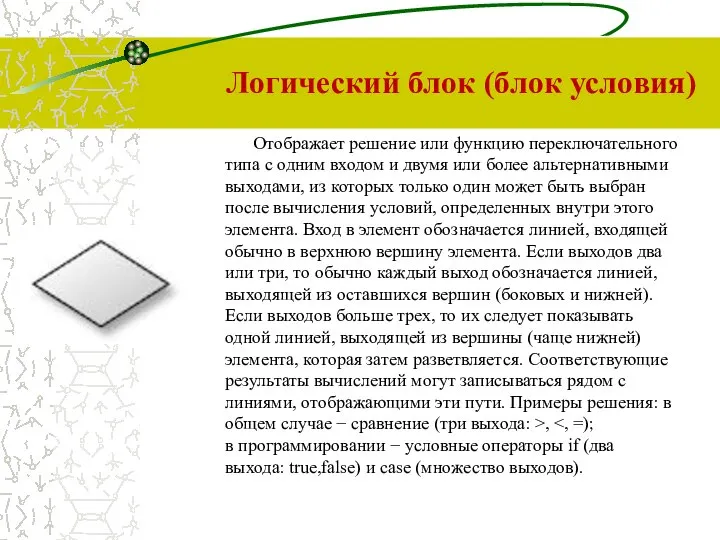 Логический блок (блок условия) Отображает решение или функцию переключательного типа с