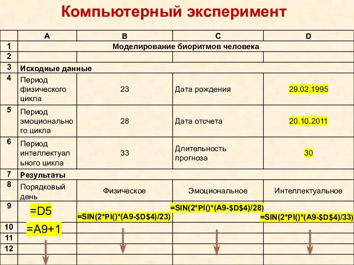 =SIN(2*PI()*(A9-$D$4)/28) =SIN(2*PI()*(A9-$D$4)/23) =SIN(2*PI()*(A9-$D$4)/33) =D5 =A9+1 Компьютерный эксперимент