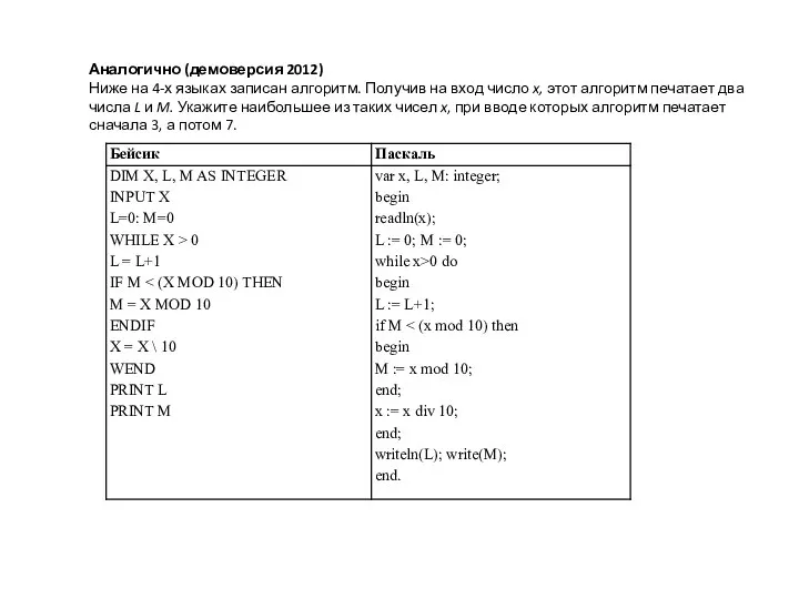 Аналогично (демоверсия 2012) Ниже на 4-х языках записан алгоритм. Получив на