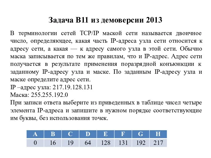 Задача B11 из демоверсии 2013 В терминологии сетей TCP/IP маской сети