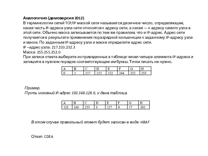 Аналогично (демоверсия 2012) В терминологии сетей TCP/IP маской сети называется двоичное