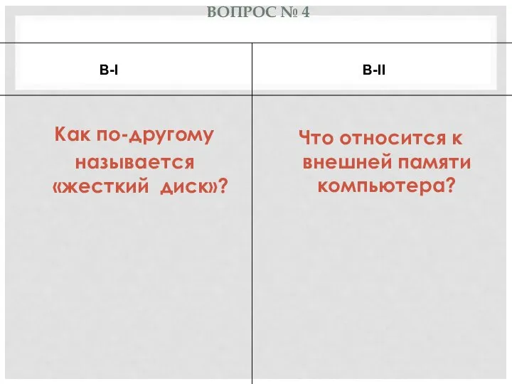 ВОПРОС № 4 Как по-другому называется «жесткий диск»? Что относится к внешней памяти компьютера? В-I В-II