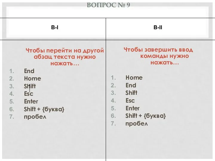 ВОПРОС № 9 Чтобы перейти на другой абзац текста нужно нажать…