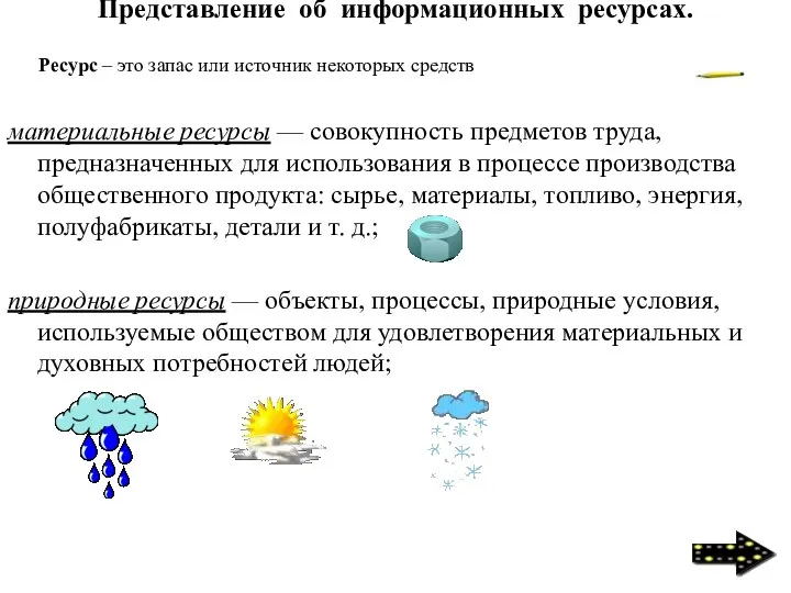 Представление об информационных ресурсах. материальные ресурсы — совокупность предметов труда, предназначенных