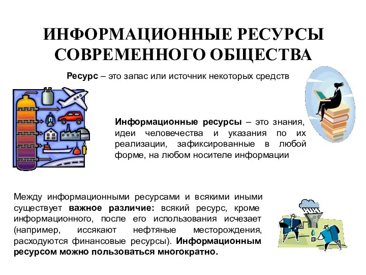 ИНФОРМАЦИОННЫЕ РЕСУРСЫ СОВРЕМЕННОГО ОБЩЕСТВА Ресурс – это запас или источник некоторых