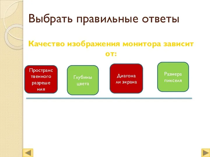 Выбрать правильные ответы Качество изображения монитора зависит от: Пространственного разреше ния