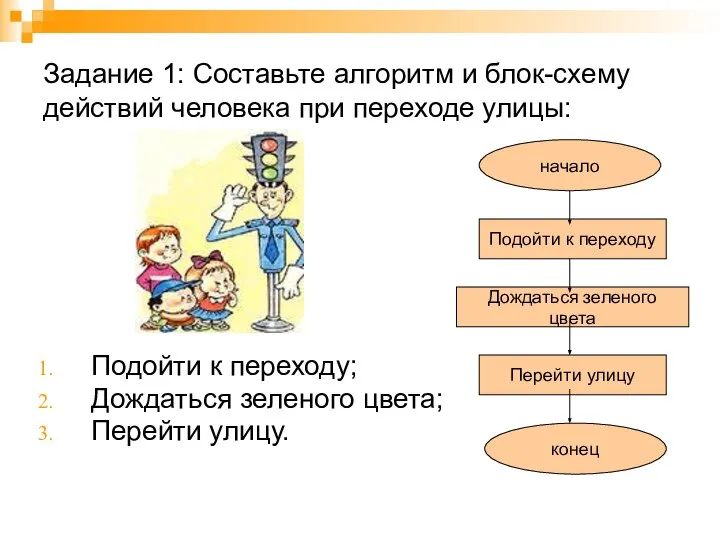 Задание 1: Составьте алгоритм и блок-схему действий человека при переходе улицы: