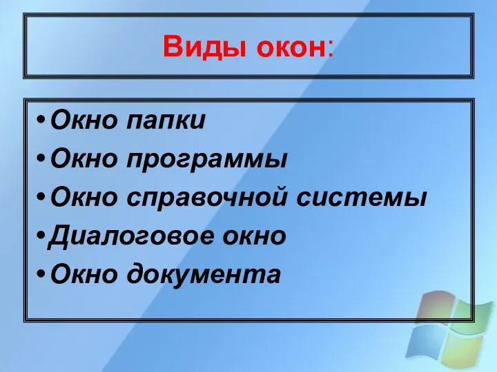 Виды окон: Окно папки Окно программы Окно справочной системы Диалоговое окно Окно документа