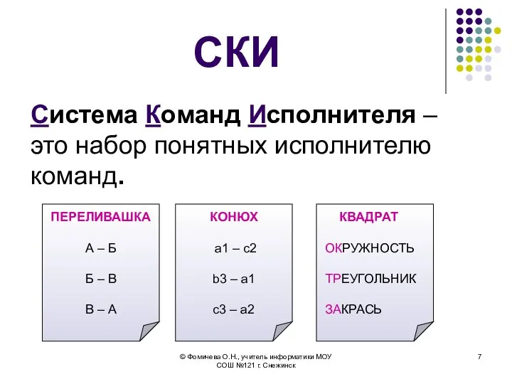 СКИ Система Команд Исполнителя – это набор понятных исполнителю команд. ПЕРЕЛИВАШКА