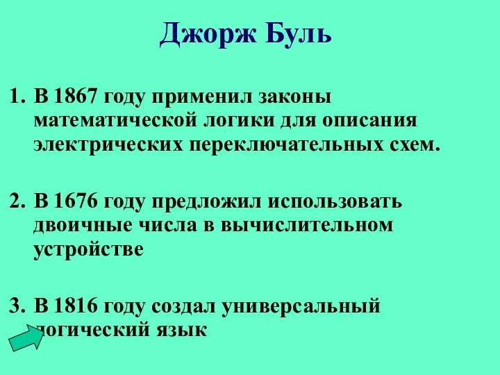 Джорж Буль В 1867 году применил законы математической логики для описания