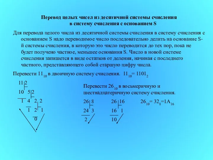 Перевод целых чисел из десятичной системы счисления в систему счисления с