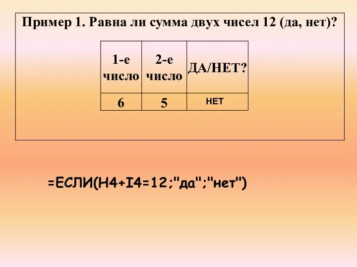 =ЕСЛИ(H4+I4=12;"да";"нет") НЕТ