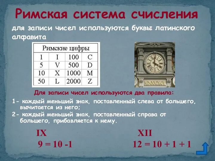 для записи чисел используются буквы латинского алфавита Римская система счисления Для