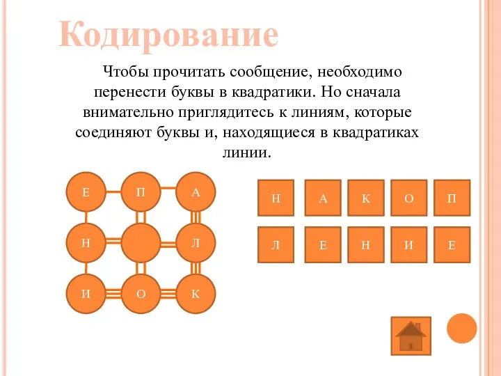 Чтобы прочитать сообщение, необходимо перенести буквы в квадратики. Но сначала внимательно