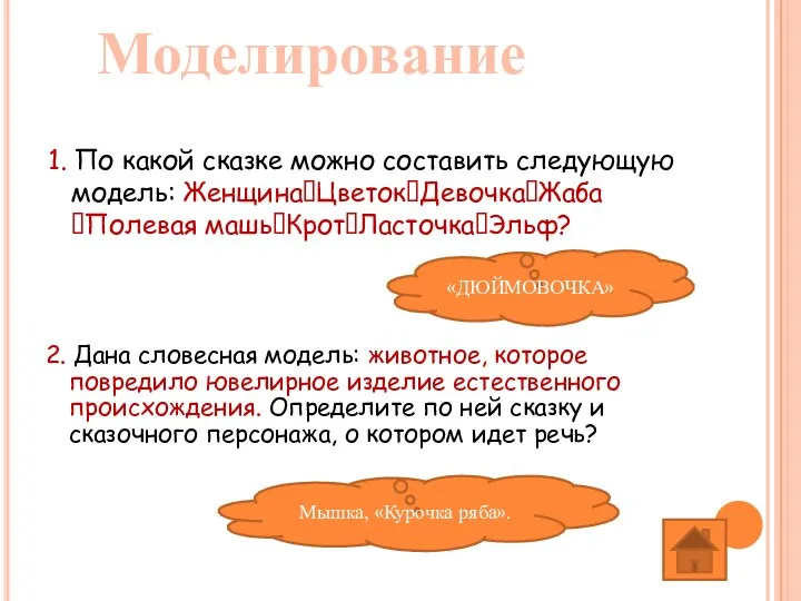 1. По какой сказке можно составить следующую модель: Женщина?Цветок?Девочка?Жаба ?Полевая машь?Крот?Ласточка?Эльф?