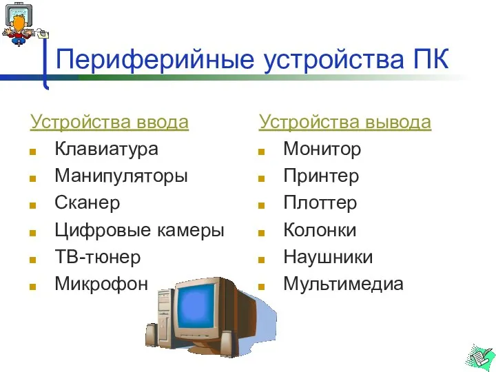 Периферийные устройства ПК Устройства ввода Клавиатура Манипуляторы Сканер Цифровые камеры ТВ-тюнер