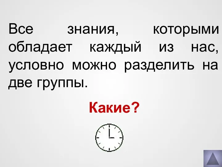 Все знания, которыми обладает каждый из нас, условно можно разделить на две группы. Какие?