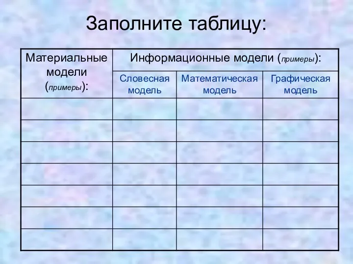 Заполните таблицу: