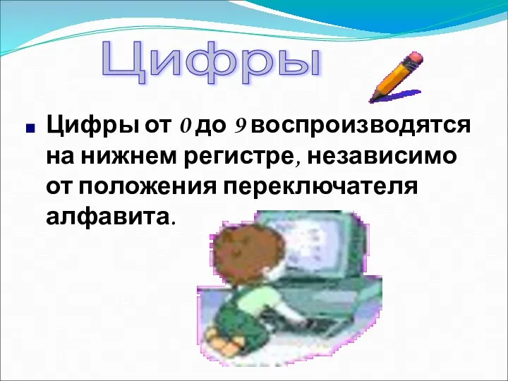 Цифры от 0 до 9 воспроизводятся на нижнем регистре, независимо от положения переключателя алфавита. Цифры